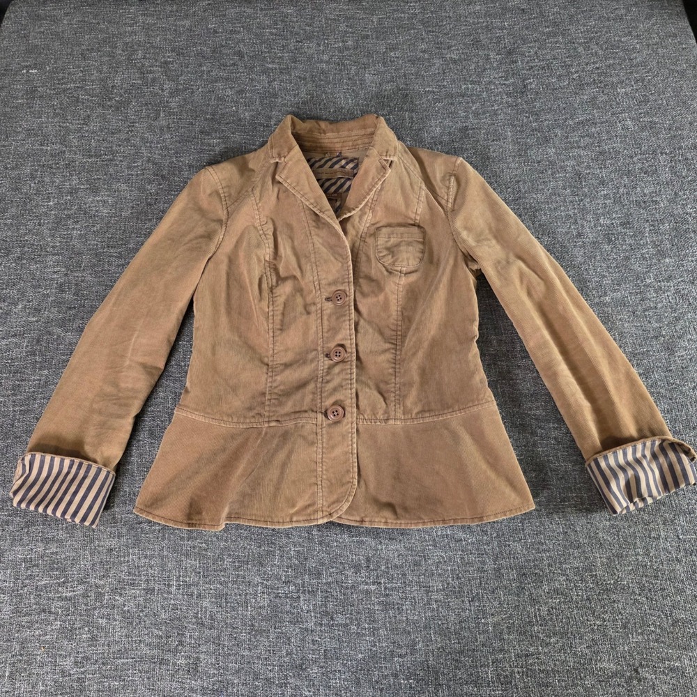 Anthropologie Pilcro Brown Corduroy Blazer Peplum Jacket Striped Cuffs Size 6